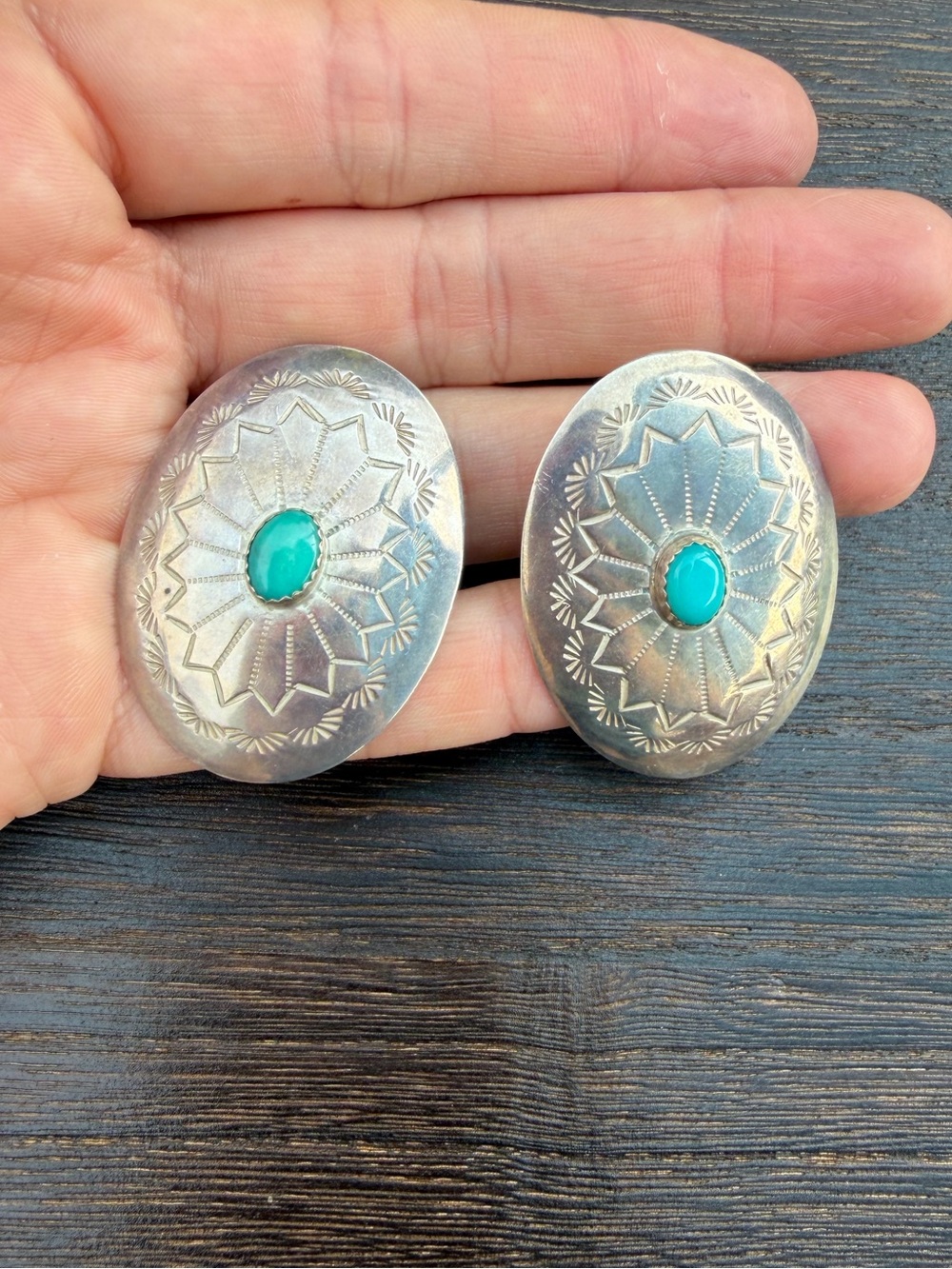 Concho and Turquoise Oval Sterling Silver Earrings - Vintage Native Handmade - Picture 3 of 5